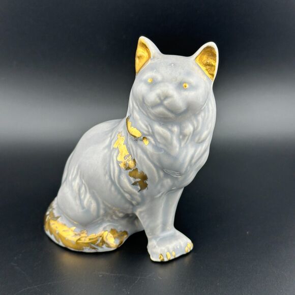 Vintage Porcelain Hand-painted Gold on Gray Sitting Cat Figurine 4.25" H - Picture 4 of 10